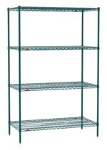 Introducing the Metro EZ2448NK3-4 Super Erecta 4-Shelf Industrial Wire Shelving Convenience Pak, a 24 x 48 x 74 unit in Metroseal Green Epoxy, offering a sleek and sturdy storage solution with four vertical metal rods.