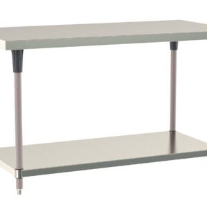 The Metro TWS2436FS-304-K TableWorx Work Table features a Type 304 stainless steel surface, stainless steel undershelf, and Metroseal Gray epoxy-coated legs with polymer mounts, making it ideal for industrial or kitchen use. Dimensions: 24 x 36.