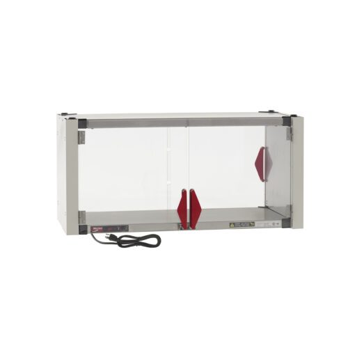The Metro HS1436-EKIT Super Erecta Hot Enclosure Kit features a stainless steel heated shelf, transparent sliding doors with red handles, and measures 36.7 x 17.7 x 17.4. It includes a 120V power cord, ensuring safe, controlled environment use with its 400W capacity.