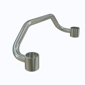 A metallic, S-shaped tube with upward-facing cylindrical ends on a white backdrop complements the Metro MERG18S Easy-Grip Handle for 18 Shelf Depth on MetroMax Industrial Plastic Shelving Racks.