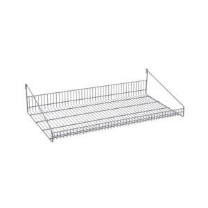 The Metro GS1836K4 SmartWall Grid Shelf with Retaining Ledge, finished in durable Metroseal Gray Epoxy, features a grid-patterned metal wire design and side supports for hanging. Its 18 x 36 rectangular shape enhances storage capabilities.