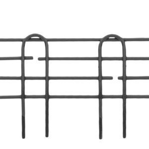 The Metro L14N-4BL Super Erecta 14 black metal wire grid is a 4 high stackable ledge with three vertical loops, five horizontal bars, and open loops at each end, ideal for creating adaptable shelving solutions.