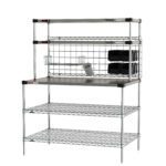 The Metro CRHSP-3048 Prep Workstation features a stainless steel tabletop, three wire shelves, and overhead Super Erecta Hot Heated Shelves, plus a wire grid with blower and black boxes for safety. Dimensions: 30 x 48.