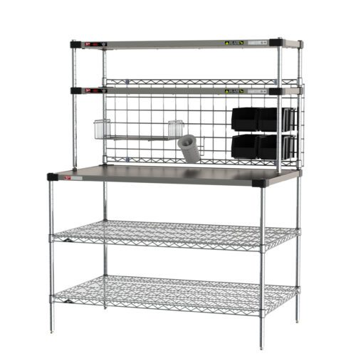 The Metro CRHSP-3048 Prep Workstation features a stainless steel tabletop, three wire shelves, and overhead Super Erecta Hot Heated Shelves, plus a wire grid with blower and black boxes for safety. Dimensions: 30 x 48.