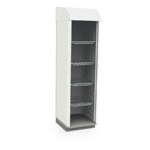 A tall, empty Metro SXRS80HGSTD Starsys Stationary Tambour Door General Supply Cabinet in white metal with three wire shelves and a gray interior is showcased from a slight angle against a plain background, emphasizing its sleek design.