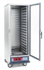 The Metro C519-HFC-LA C5 1 Series Holding Cabinet is a full-height, tall and silver wheeled warming unit with Lip Load Aluminum Slides, an open glass door, multiple shelves inside, and bottom-front control dials for easy access. It operates at 120V, 60Hz, and 2000W.