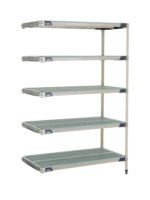 The MetroMax i 5AX557GX3 5-Shelf Plastic Industrial Shelving Add-On Unit, measuring 24 x 48 x 74, features five gray perforated shelves on a durable silver frame with corner labels, set against a white background.