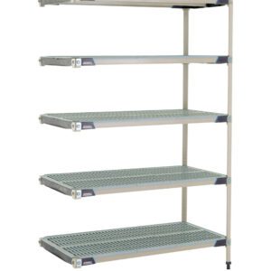 The MetroMax i 5AX557GX3 5-Shelf Plastic Industrial Shelving Add-On Unit, measuring 24 x 48 x 74, features five gray perforated shelves on a durable silver frame with corner labels, set against a white background.