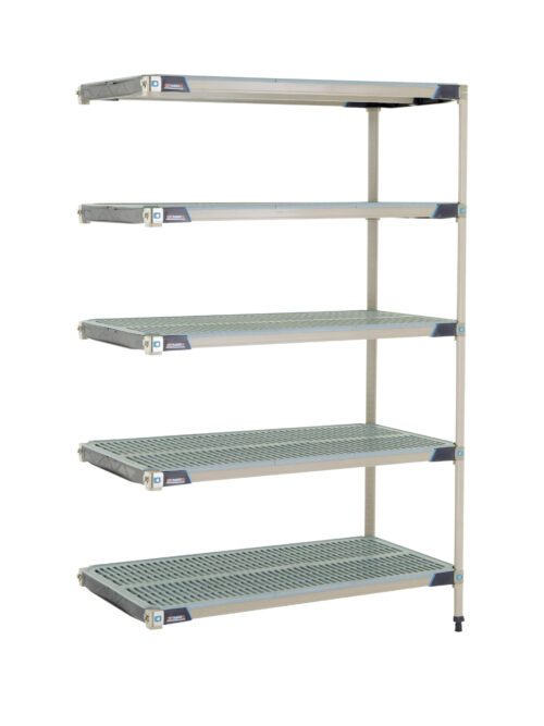 ev1zj24oojlkxq0suvea3lgurc2cyf0g.jpg The MetroMax i 5AX557GX3 5-Shelf Plastic Industrial Shelving Add-On Unit, measuring 24 x 48 x 74, features five gray perforated shelves on a durable silver frame with corner labels, set against a white background.