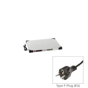 The Metro HSX2424-EU Super Erecta Hot Stainless Steel Heated Shelf, 24 x 24, delivers 168-200W at 220-240V. It features a sleek design with a black Type F EU plug visible in the inset and control buttons on the side.