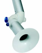 A close-up view of the Exhaust Snorkel Original, displaying a ceiling-mounted adjustable arm with a silver metallic cylinder, two blue adjustment knobs, and a wide white funnel-shaped opening, resembling an exhaust snorkel in design.