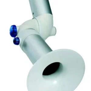 A close-up view of the Exhaust Snorkel Original, displaying a ceiling-mounted adjustable arm with a silver metallic cylinder, two blue adjustment knobs, and a wide white funnel-shaped opening, resembling an exhaust snorkel in design.