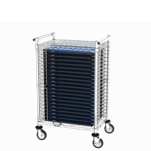 eybdyzobu0s20krz8qy1cyilq569grbb.jpg The Metro CBNTCS20MSOL2 cart, measuring 22 x 30 x 49, holds multiple blue and black laptops on its grid-like shelves. Featuring four wheels and equipped with 20 SmartTray ESD-safe trays and economy inlays, it is ideal for side-load PCB handling.