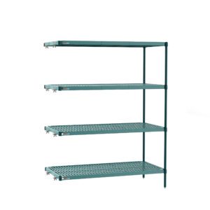 The Metro PR-215463K3-A-4 Super Erecta Pro 4-Shelf Add-On Unit, measuring 21 x 54 x 63, features ventilated shelves and removable plastic mats for ample storage space.