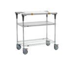 The Metro MS1836-FGBR-PK1 PrepMate MultiStation 36 prep station includes accessory pack 1, featuring a solid galvanized top shelf and Brite Zinc wire bottom shelf with chrome posts. It has four swivel wheels for versatility in various uses.