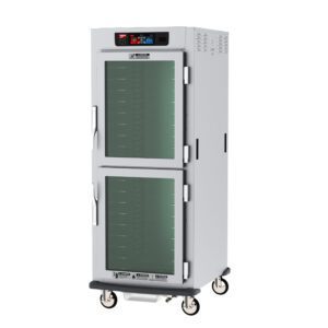 The Metro C599L-SDC-UPDSA C5 9 Series is a full-height, wheeled, silver cabinet with Dutch clear and solid doors. It features universal wire slides, a digital display, and a control panel operating at 60Hz on a plain white background.