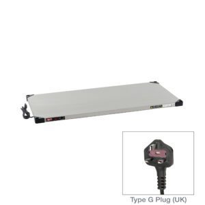 The Metro HSX2448-UK Super Erecta Hot Stainless Steel Heated Shelf is a 24 x 48 rectangular pad, operating at 220-240V and 504-600W, with a Type G plug (UK) and power cord on one side. The inset highlights the plugs three prongs.