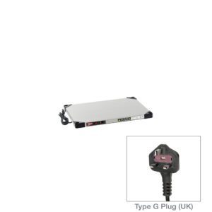 The Metro HSX1824-UK Super Erecta Hot Heated Shelf features a flat, rectangular warming tray with a reflective silver surface and black border. It measures 18 x 24, delivers 168-200W of power, and includes an inset accommodating its Type G UK plug.