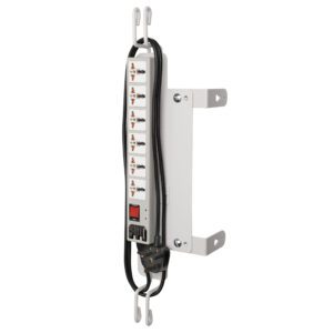The Metro FL305-UK Hospital-Grade Universal 6-Outlet Power Strip with Type G Plug, designed for Flexline and Lifeline Carts, is mounted on a white wall. It features multiple outlets, a red power switch, and a functional design with a long black cord wrapped around its side for reliability.