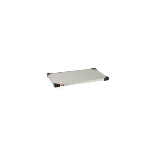 f4es9pc4eoic5lf45t8ga9x8a3sz9co0.jpg The Metro 1830FS Super Erecta Solid Shelf, a standard stainless steel 18 x 30 flat rectangular panel with slightly raised corners and a small red/white label, stands against a plain white background.