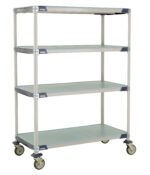The MetroMax i X556EFX3 Mobile Cart boasts four adjustable solid shelves (24 x 48 x 67.3125) and wheels with brakes, offering storage efficiency and easy mobility.