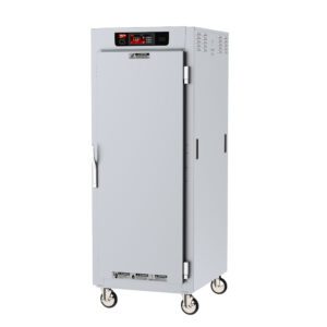 The Metro C589-SFS-UPFC is a full-height industrial stainless steel food warming cabinet with universal wire slides, a full-length solid door, digital temperature control, and vents for efficient airflow. It operates on 120V and 60Hz with 2000W power, featuring a robust front handle and wheels.