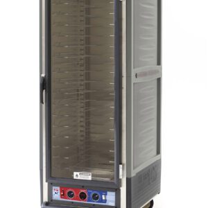 The Metro C539-CXFC-U-GYA is a full-height, stainless steel insulated holding/proofing cabinet with a universal wire slide system and clear glass door. Mounted on wheels, it features a bottom control panel with dials and buttons, operating at 220-240V for efficient performance.