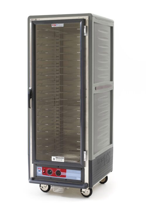 f8227hbytyckkscv7t0nxtz3ipig71u4.jpg The Metro C539-HLFC-U-GYA C5 3 Series is a full-height insulated holding cabinet with a clear door and universal wire slides. It features bottom-front control knobs, operates at 120V and 60Hz, and is equipped with wheels for mobility.