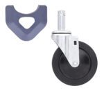 On the right, a Metro 5MX 5 resilient rubber swivel stem caster is in a sleek silver metal frame. To the left, a dark blue triangular component with rounded edges and a central hole complements your MetroMax industrial plastic shelving rack setup.