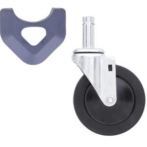 On the right, a Metro 5MX 5 resilient rubber swivel stem caster is in a sleek silver metal frame. To the left, a dark blue triangular component with rounded edges and a central hole complements your MetroMax industrial plastic shelving rack setup.