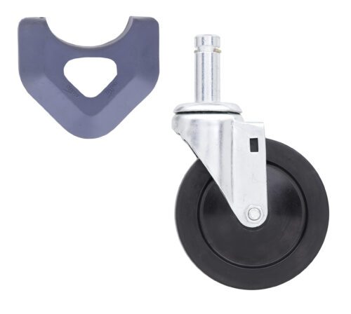 On the right, a Metro 5MX 5 resilient rubber swivel stem caster is in a sleek silver metal frame. To the left, a dark blue triangular component with rounded edges and a central hole complements your MetroMax industrial plastic shelving rack setup.