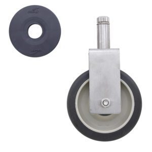 The Metro 5MPRGSA 5 Polyurethane Cart-Washable Rigid Stem Caster, ideal for Super Erecta Industrial Wire Shelving Racks, features a metal caster wheel with a black rubber tire and gray hub. Above it is a black round cap labeled Metro.