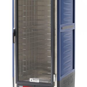 The Metro C539-CFC-L-BU C5 3 Series insulated cabinet, full height and blue with gray accents, features a clear door, Lip Load Aluminum Slides, control dials at the bottom, and wheels for easy mobility. It operates on 120V power.