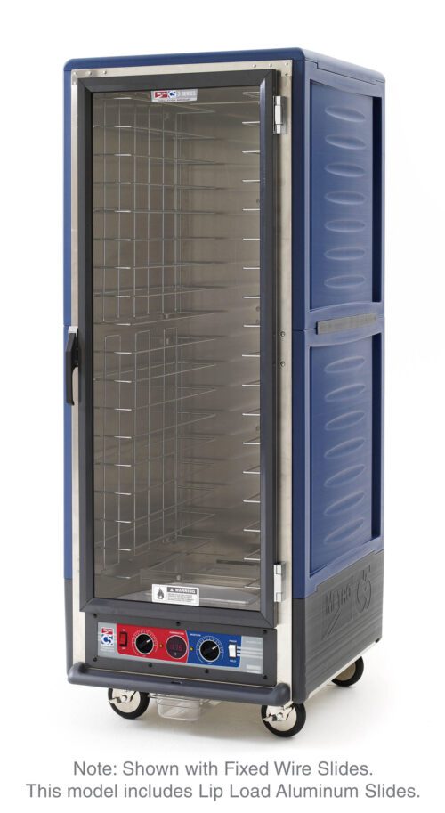 The Metro C539-CFC-L-BU C5 3 Series insulated cabinet, full height and blue with gray accents, features a clear door, Lip Load Aluminum Slides, control dials at the bottom, and wheels for easy mobility. It operates on 120V power.