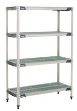 The MetroMax i X346GX3 4-Shelf Shelving Unit, measuring 18 x 42 x 63, has four ventilated shelves held by strong square poles. Its stylish gray and blue design is ideal for efficient organization.