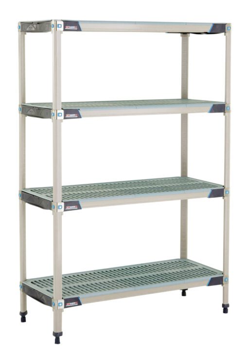 The MetroMax i X346GX3 4-Shelf Shelving Unit, measuring 18 x 42 x 63, has four ventilated shelves held by strong square poles. Its stylish gray and blue design is ideal for efficient organization.