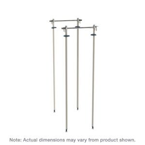A 3D rendering of four tall, epoxy-coated steel posts with adjustable clamps at the top forms a frame-like support structure, similar to the Metro MQTTA21 Top-Track Stationary Intermediate Unit Kit for 21 Wide MetroMax Shelving. Text reads, Note: Actual dimensions may vary from product shown.