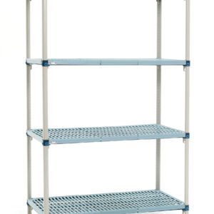 Introducing the MetroMax Q Q466G3 4-Shelf Plastic Industrial Shelving Starter Unit, 21 x 60 x 63. This freestanding metal unit has four adjustable grid-pattern shelves. The sleek silver frame with blue accents measures 21 x 60 x 63, but actual dimensions may vary.