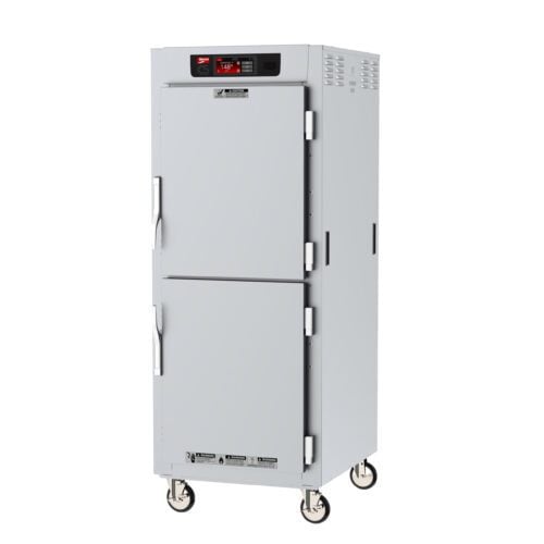 The Metro C589L-SDS-LPDC C5 8 Series Insulated Pass-Thru Holding Cabinet has a full-height, silver design with wheels and digital controls. It features Dutch solid/clear doors, temperature displays on the top panel, sturdy handles for functionality, and operates at 120V, 60Hz, 1440W.