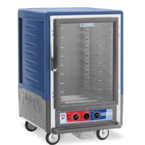 Introducing the Metro C535-MFC-U-BUA C5 3 Series Insulated Moisture Heated Holding/Proofing Cabinet: a mobile, 1/2 height commercial warmer with a full-length clear door, blue top and handle, gray sides, Universal Wire Slides, operating at 120V, 60Hz, and 2000W.