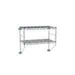 The Metro 12WS12C Erecta Shelf 2-Tier Wall Kit in chrome, sized at 13 x 26.25 x 21, features a grid design on a white backdrop, secured by sturdy brackets for organizing or displaying items.
