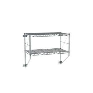 The Metro 12WS12C Erecta Shelf 2-Tier Wall Kit in chrome, sized at 13 x 26.25 x 21, features a grid design on a white backdrop, secured by sturdy brackets for organizing or displaying items.