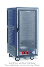 The Metro C5 3 Series Cabinet, model C537-CXFC-L-BUA, is a 3/4 height insulated holding/proofing unit in blue with a full-length clear door and metal shelves. It features lip load aluminum slides, wheels for mobility, and a base control panel. Suitable for 220-240V, 50/60Hz power systems.