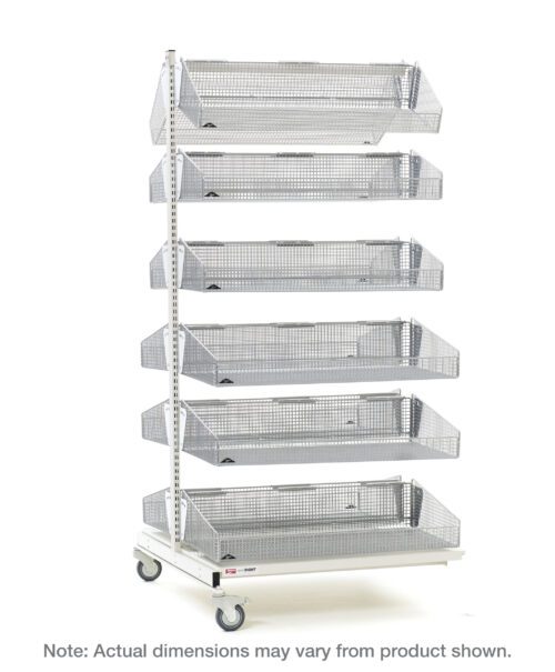 fmewh8x6tpankygbz4upl64c4z2n7293.jpg The Metro QB218-M12A qwikSIGHT Mobile Double-Sided 12-Basket Shelving Add-On Unit is a metal rack with six vertically stacked mesh baskets on a wheeled base, measuring 18 L. Open-top baskets ensure easy access; actual dimensions may slightly differ from those shown.