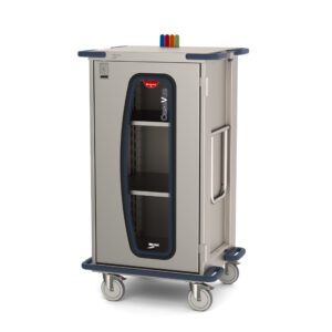 The Metro CaseVue CV24HC-NBFH-S2 Surgical Case Cart features a clear door with the CaseVue label, lockable wheels, and pullout solid shelves. It includes four color-coded handles and efficient color flags for quick identification, designed for optimal organization. Dimensions: 33.5W x 28D x 58.25H.