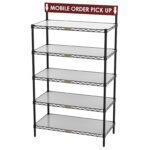 The Metro CR1836TGSR Wire Shelving Workstation, 18 x 36 x 63, includes a five-tiered black metal design, white platforms, and a maroon Mobile Order Pick Up sign on top.