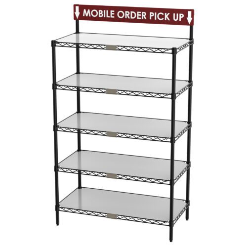 fptw4i732b68ipekrz4zapf920zizz2r.jpg The Metro CR1836TGSR Wire Shelving Workstation, 18 x 36 x 63, includes a five-tiered black metal design, white platforms, and a maroon Mobile Order Pick Up sign on top.