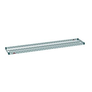 The rectangular Metro Super Erecta 1472NK3 Industrial Wire Shelf with raised edges is displayed against white. This green metal shelf features a grid pattern and a Metroseal Green Epoxy finish, measuring 14 x 72.