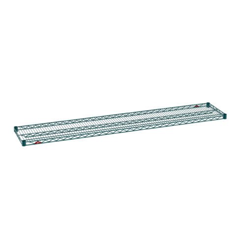 The rectangular Metro Super Erecta 1472NK3 Industrial Wire Shelf with raised edges is displayed against white. This green metal shelf features a grid pattern and a Metroseal Green Epoxy finish, measuring 14 x 72.