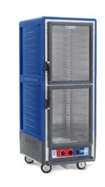 The Metro C539-MXDC-U-BU C5 3 Series is a blue insulated full-height food transport cart with Dutch clear doors and universal wire slides, featuring metal shelving and a base-mounted temperature control panel. It operates at 220-240V, 50/60Hz, powers 1681-2000W, and has wheels for easy mobility.